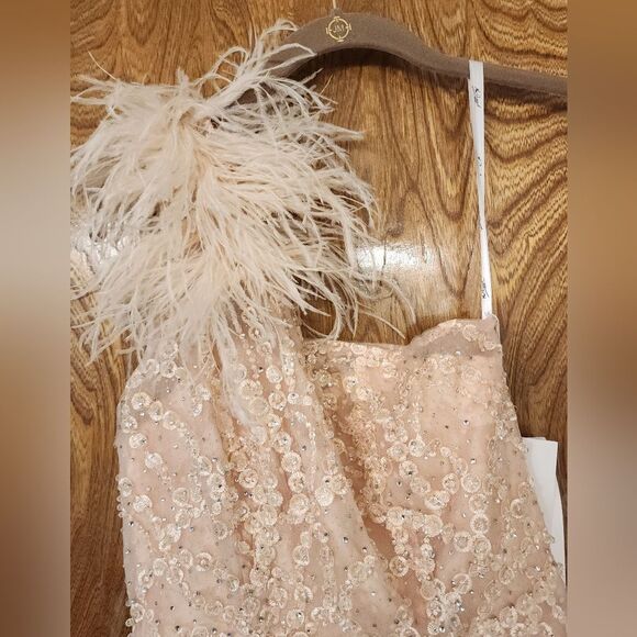 Mac DUGAL Elegant One-Shoulder Lace Dress with Feather Detail SIze 4 $798 - Picture 8 of 14
